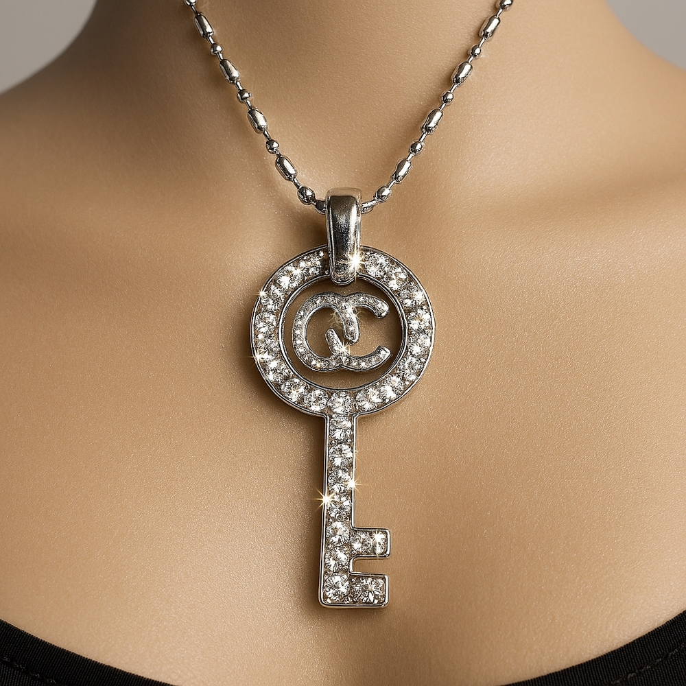 Women's Stunning Silver tone Dot & Dash Chain Necklace - With a Pave Key Pendant